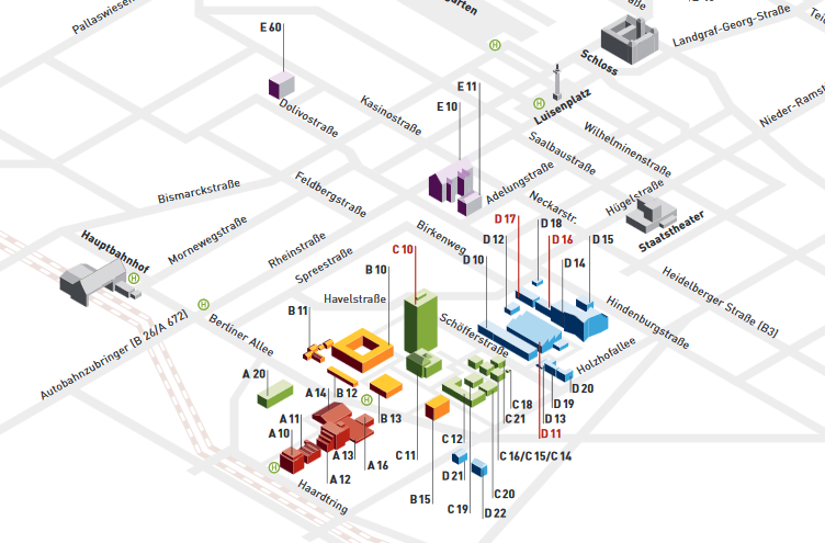 schematischer Lageplan aller Gebäude der Hochschule Darmstadt am Standort Schöfferstraße mit rot markierten Gebäuden des Fachbereichs Elektrotechnik und Informationstechnik.