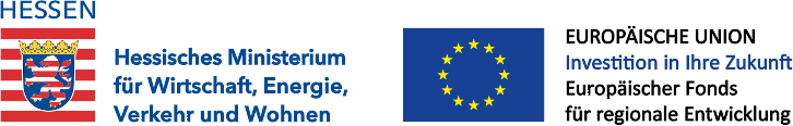 Logos vom Hessisches Ministerium für Wirtschaft, Energie, Verkehr und Wohnen und europäische Union; Investitio in Ihre Zukunft; Europäischer Fonds für regionale Entwicklung